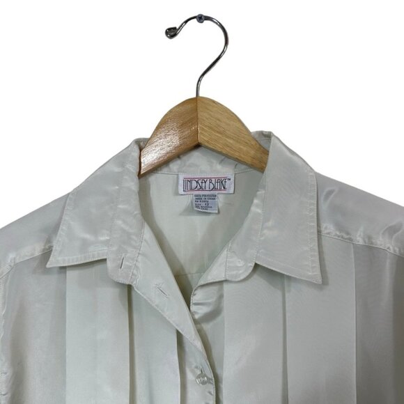 Vintage 80s Cream Pleated Long Sleeve Blouse, 12 - Picture 2 of 4